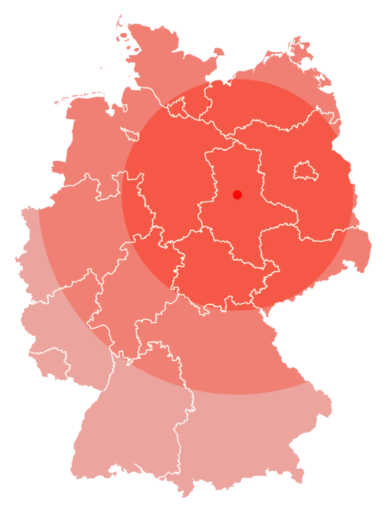 Karte der Bundesrepublik Deutschland mit Einzugsbereich. Karte der Bundesrepublik Deutschland. Farbig markiert der Einzugsbereich. Haupteinzugsbereich ist Mitteldeutschland.